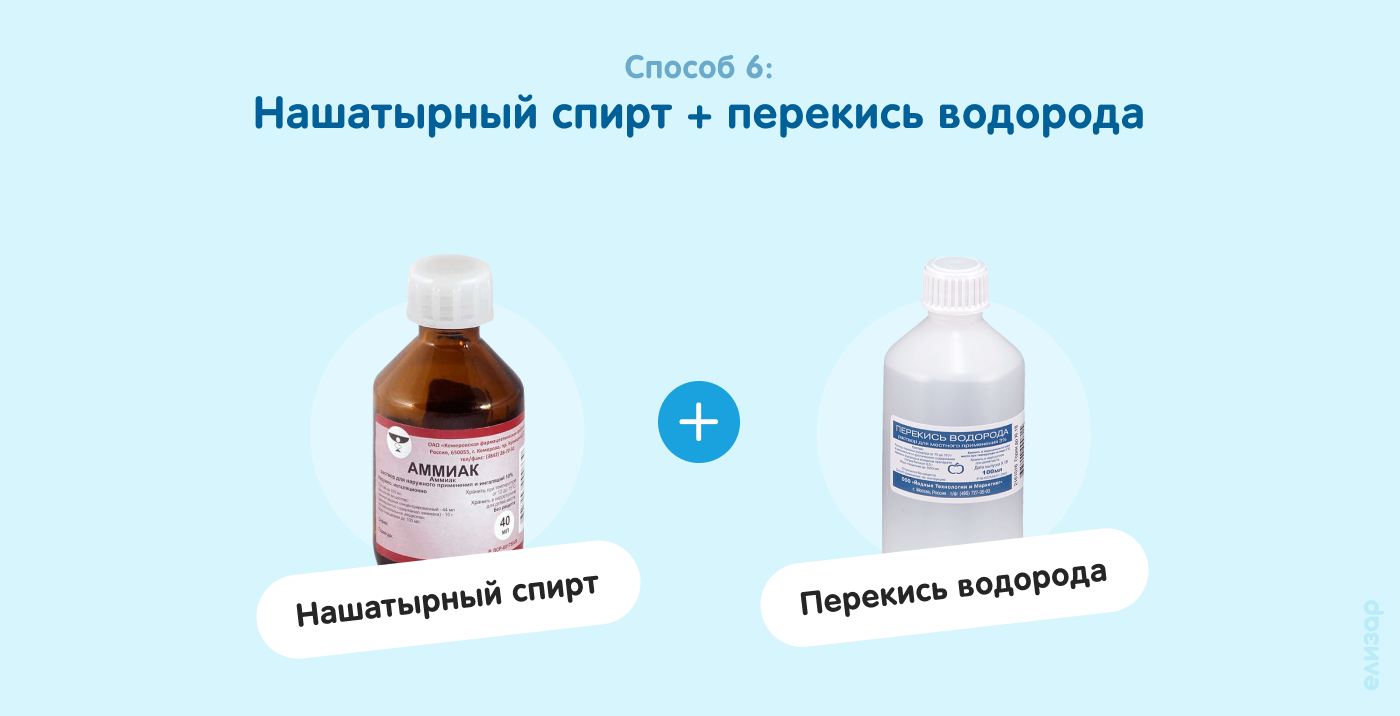 Способ 6. Нашатырный спирт и перекись водорода Способ 6. Нашатырный спирт и перекись водорода